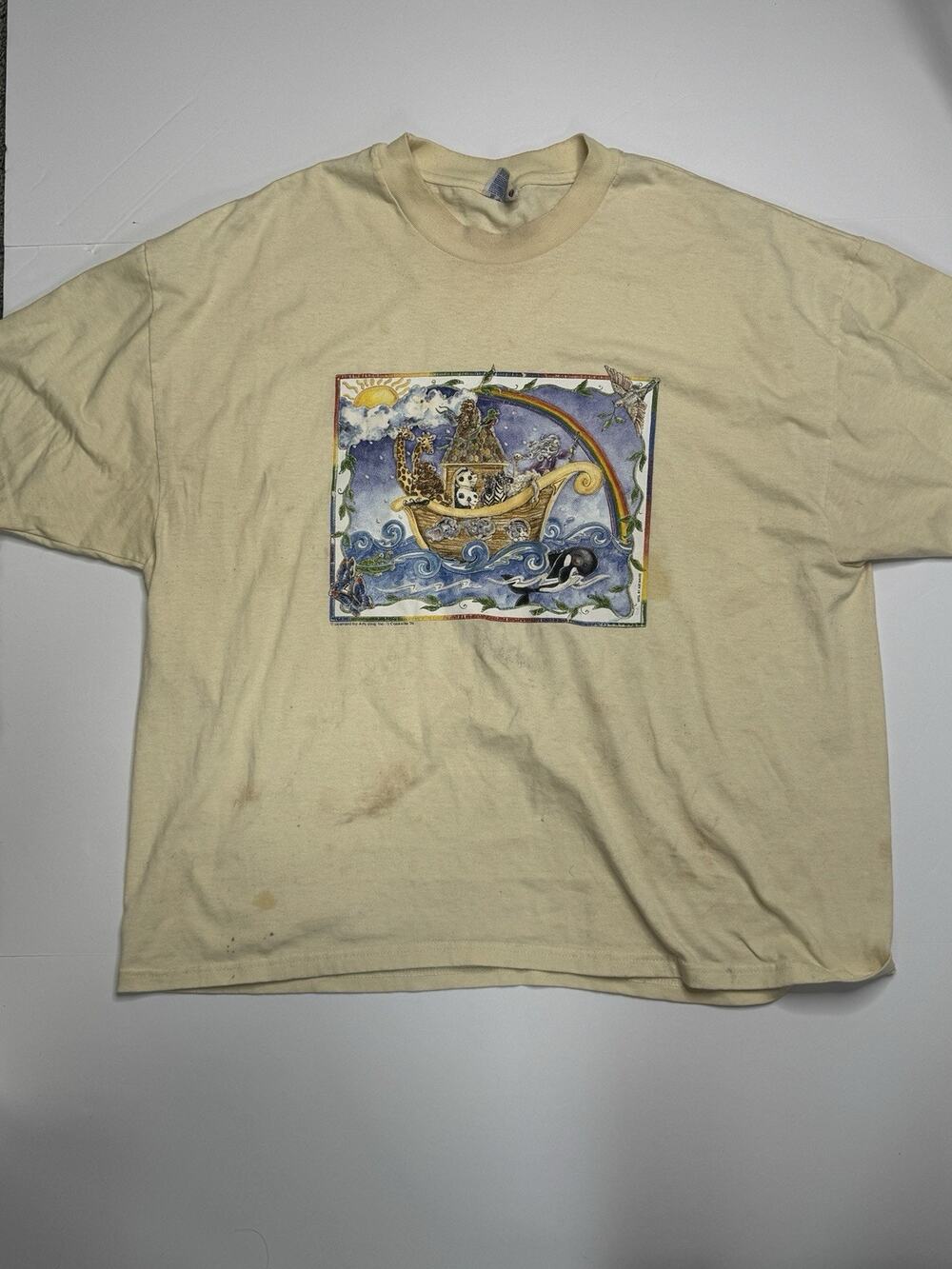 Rare Vintage Hanes Noahs Ark Animals Rainbow Graphic T Shirt Air Waves 50/50